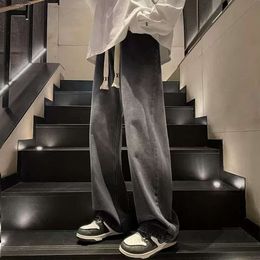 American High Street Vibe Black Gradient Drawstring Jeans for Men's Oversize Trendy Straight Leg Pants, Summer Slim Style