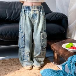 Trousers 2024 Spring Girls Korean Retro Multi Pocket Denim Straight Leg Pants For Children's Loose And Casual Wash White Workwear