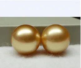 Stud Earrings Perfect Round 11-12mm South China Sea Gold Pearl In 14k
