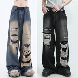 Men's Jeans Distressed Vintage High Waist Wide Leg Women's With Ripped Holes Hop Style Featuring Solid Color Streetwear For A