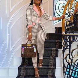Women's Two Piece Pants 2024 Office Lady Outfits Women Turn Down Collar Houndstooth Print Long Sleeve Corset Blazer Coat Set Casual Pieces