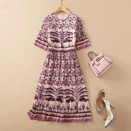 Party Dresses High Quality Nice Summer Designer Woman's Elegant Half Sleeve Style Yarn Flowers Embroidery Purple Gauze Dress