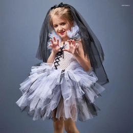 Girl Dresses Halloween Graveyard Bride Costume For Ghost Tutu Dress Kid Lace Frock Veil Headband 2pc Set Child Party Tunic Cloth