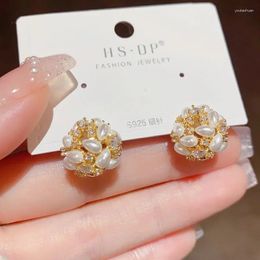Stud Earrings Korean Edition Sen Series Exquisite Fresh Sweet Pearl Zircon Hollow C Fashion High Grade Feeling Temperament