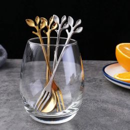 Stainless Steel Coffee Stirring Spoons Gold Silver Leaf Shaped Handle Fruits Fork Milk Tea Ice Cream Scoop Cake Dessert Forks TH1323