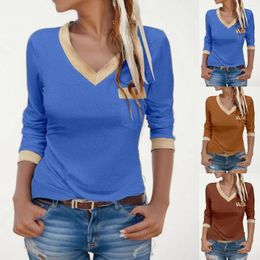 Women's Blouses Fashion Patchwork V Neck Slim Fit Top Autumn Long Slleve Onen Pocket Casual Tee Shirts Women Office Pullover Blouse Blusa