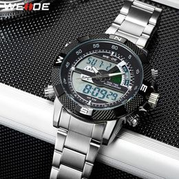 WEIDE Digital Display Mens Sport Hours Luxury Business Military Stainless Steel Strap Quartz Wristwatch Clock Relogio Masculino270r