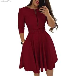 Basic Casual Dresses Women Spring Dress Three Quarter Sleeves with Belt Tight Waist A-line Dress-up Knee Length Zipper Fall Dress Female ClothesL2403