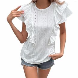 Women's Blouses Ruffled Chiffon Shirt Jacquard Hollowed Out Top White Casual Female Flannel Womens