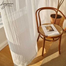 Curtains Korean White Tulle Curtains For Living Room Crumpled Sheer Curtain For Bedroom Solid Color Voile Kitchen Drapes Blinds Customs