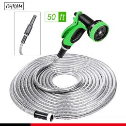 Reels Heavy Duty 304 Stainless Steel Garden Hose 50ft, Outdoor Metal Water Hoses With 10 Pattern Spray Nozzle for Never Kink & Tangle