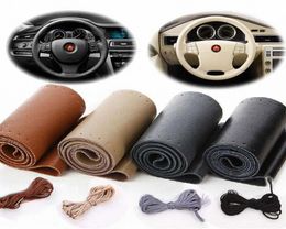 Real Cowhide Leather Steering Wheel Cover With Needles Thread DIY Black Hand Sewing Genuine Leathers Wrap Shippin zLRS8964401