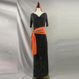 Stage Wear Black Belly Dance Multicolor Full Diamond Robe Orange Headband Belt Oriental Baladi Shabbi Set