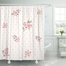 Curtains Girlish Floral Polka Dot Shabby Chic Style Pattern with Pink Roses Delicate Wedding Shower Curtains Waterproof Polyester Fabric