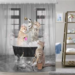 Curtains Funny Cat Shower Curtain Fun Animal in Bathtub with Fish Cloth Fabric Shower Curtain Hilarious Pet Bathroom Decor Set with Hooks