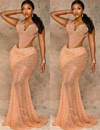 Plus Size Arabic Aso Ebi Mermaid Gold Lace Prom Dresses Sheer Neck Beaded Evening Formal Party Second Reception Gowns Dress