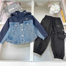 New kids coat set boys tracksuits Size 100-160 CM two-piece set baby Denim splicing design jacket and Pocket work pants 24Mar