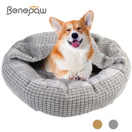 Mats Benepaw Cozy Dog Bed Hooded Fluffy Orthopedic Round Donut Pet Cuddler Anxiety Calming Bed Washable Soft Nonslip Puppy Cat Cave