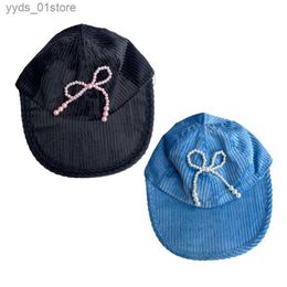 Ball Caps Elegant Pearl Bowtie Hat for Women Winter Warm Corduroy Baseball Casual Sun Hat Fashion Peaked drop shipping L240314