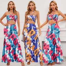 Sexy Bohemian Printed Dress with Cable Hanging Neck Top and Buttocks Wrapped Fishtail Skirt Two-piece Set for Women