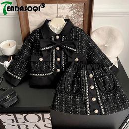 2-8Y Kids Girls Tweed 2Pcs Sets Winter Children Suits Long Sleeves Big Bow Single Breasted Cardigan CoatElastic Waist Skirt 240229