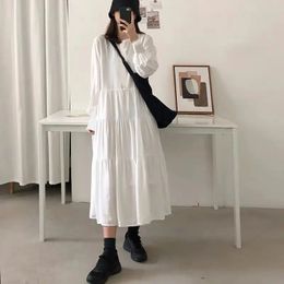 Plus Size Loose Solid Midi Dress Spring Autumn Temperament Long Sleeve Oneck Allmatch Dresses Fashion Sweet Women Clothing 240313