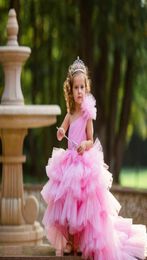 Pink Tulle Flower Girls Pageant Dresses One Shoulder Tutu Kids Children Dress Tiered Ruffles Birthday Gowns Vestidos9096654