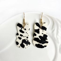 Rabbit Genuine Cowhide Leather Earrings for Women Hair Textured Boho Jewelry Pearl Pendant Cute Leopard Pattern Dangle 240311