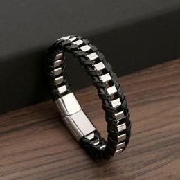 Leather Bracelets Stainless Steel Chain Magnetic Buckle Bracelets Wristband Bangle Cuff for Men Hip Hop Fashion Jewelry