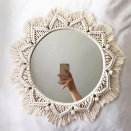 Macrame Wall Mirror Boho Round Mirrors Art Home Room Decor for Apartment Living Room Bedroom Baby Christmas Decoration Gift 240314