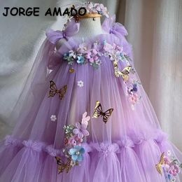 Girl Summer Dress Floral Bow Sleeveless Dance Performance Girls Butterfly Wings Purple Strap Princess E9275 240301