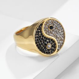 Diamond Retro Gold Balance Yinyang Black White Chunky Ring for Men Stainless Steel Finger Taiji Rings Fashion Jewellery