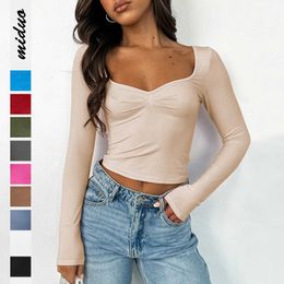 Y2K New Sexy Square Neck T-shirt Womens Autumn Long sleeved Short BM Top Spicy Girl Open Navel Knit