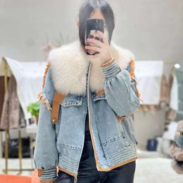 New 2023 Autumn/Winter Haining Top White Goose Down Coat Fox Large Fur Collar Women's Denim Jacket 5564