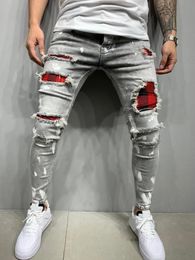 Distress Plaid Patch Holes Streetwear Ripped Skinny Jeans Men Biker Slim Elastic Denim Cargo Pants Y2K Pantalones Hombre Joggers 240311