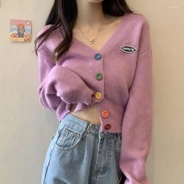 Women's Knits TPJB Korean Style V-Neck Short Knitted Sweaters Women Thin Cardigan Y2k Colourful Button Long Sleeve Crop Top For