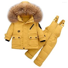 Down Coat Baby Girls Jumpsuits Fur Hooded Jacket Toddler Boys Snowsuit Winter Clothes Kids Snow Outfits With Bib Pants -30 Degree