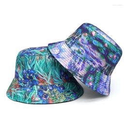 Berets Retro Oil Painting Bucket Hat Women Summer Outdoor Anti-Sun Cotton Panama Reversible Travel Beach Fishing Fisherman Cap Hip Hop