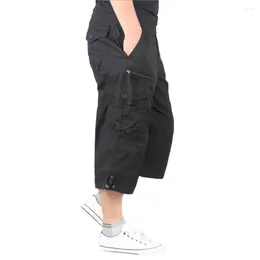 Men's Jeans Summer Casual Cotton Cargo Shorts Overalls Long Length Multi Pocket Breeches Military Pants Male Cropped