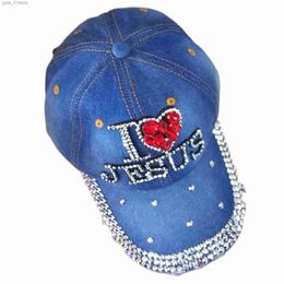 Ball Caps WJ2381 i red heart Jesus Denim jeans cloth Artificial stones bling Cotton Baseball Cs L240314