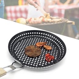 Pans HighQuality BBQ Grill Pan Stainless Steel Round Grill Basket With Large Holes Grill Tray Plate Barbecue Accessories