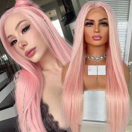 AIMEYA Light Pink Long Straight Wig Synthetic Hair Pink Lace Front Wigs Heat Resistant Glueless Wig Silky Straight Pink Hair 240312