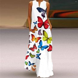 Casual Dresses Summer Retro Floral Printed Butterfly Long Dress Women Loose V Neck Sleeveless Vintage Lady Maxi Beach Robe 2024