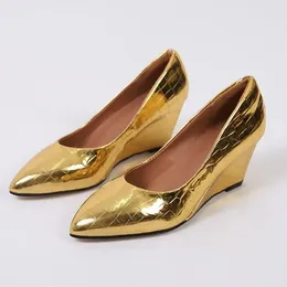 Dress Shoes Golden Women's Slipsole Pointed Shallow Mouth High Heels Women Pumps Silver Work Leather Shoe (5cm-8cm)