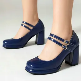 Dress Shoes Patent PU Leather Navy Green Pink Red Closed Toe Double Buckle Belt Strap Woman Spring Chunky High Heels Mary Janes Pumps