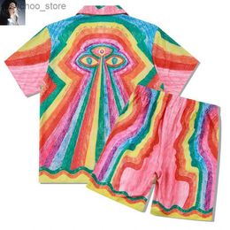 Men's Tracksuits Retro rainbow patchwork colorful shirt and shorts set mens Cuban collar Hawaiian beach surfing suit Q240314