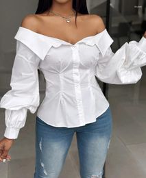 Women's Blouses Woman Blouse 2024 Spring Fashion Off Shoulder Lantern Sleeves Casual Solid Colour Long Sleeved Button Daily Shirt Top