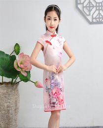 Summer Chinese Flower Print Silk Qipao Kids Baby Girls Traditional Princess Dress Cheongsam Short Sleeve Retro Vintage Vestido3369495