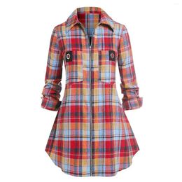 Women's Blouses Retro Stand-up Collar Zipper Plaid Pocket Long-Sleeved Shirt Women Loose Casual Trafza Ropa De Mujer Ofer Top