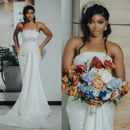 2024 Sereia Vestido de Noiva para Noiva Vestidos de Noiva Strapless Frisado Lace Vestidos de Noiva para Africano Nigéria Mulheres Negras Meninas Estilos Simples Vestido para Casamento NW141